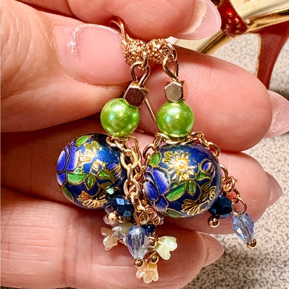 Elegant Blue and Green Floral Earrings/Asian feel